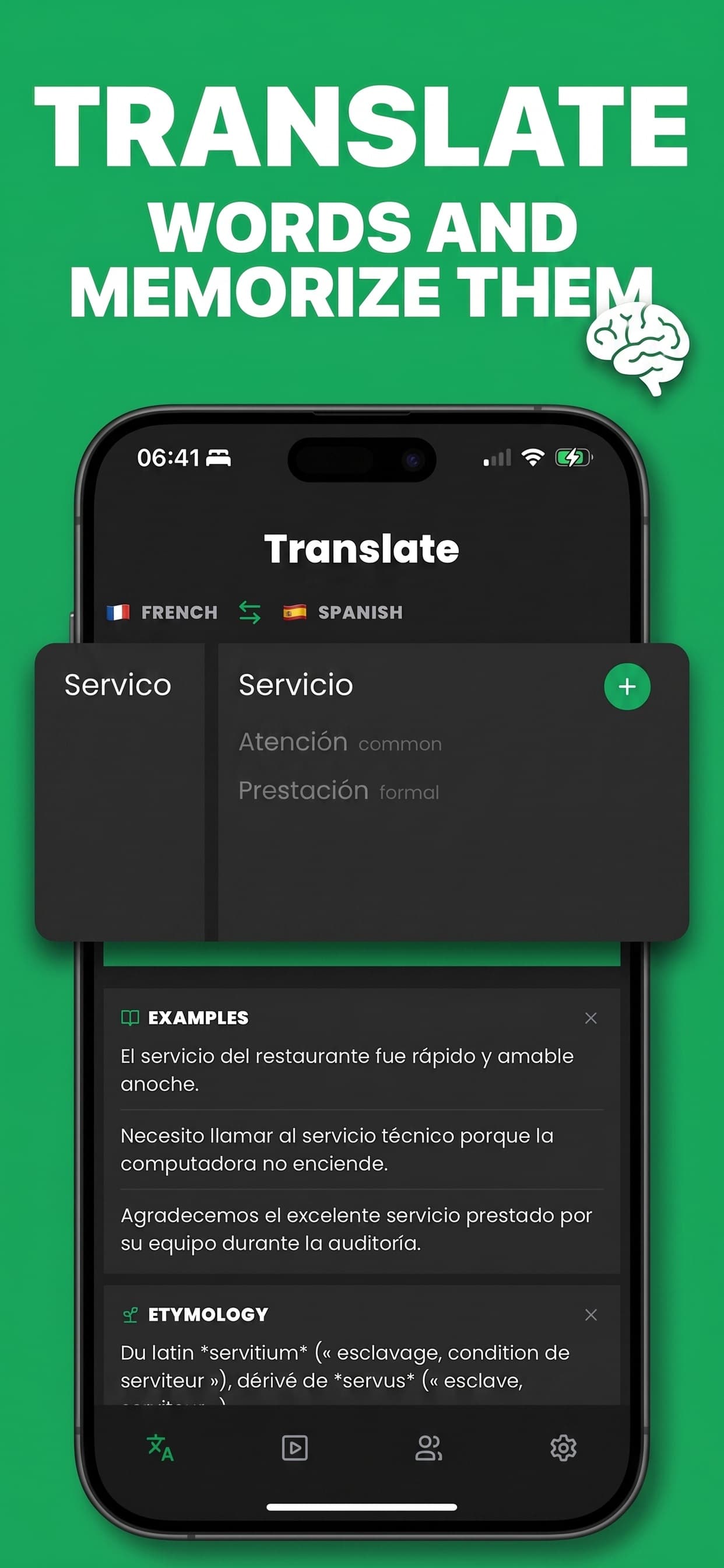 Phraser translate screen with save button