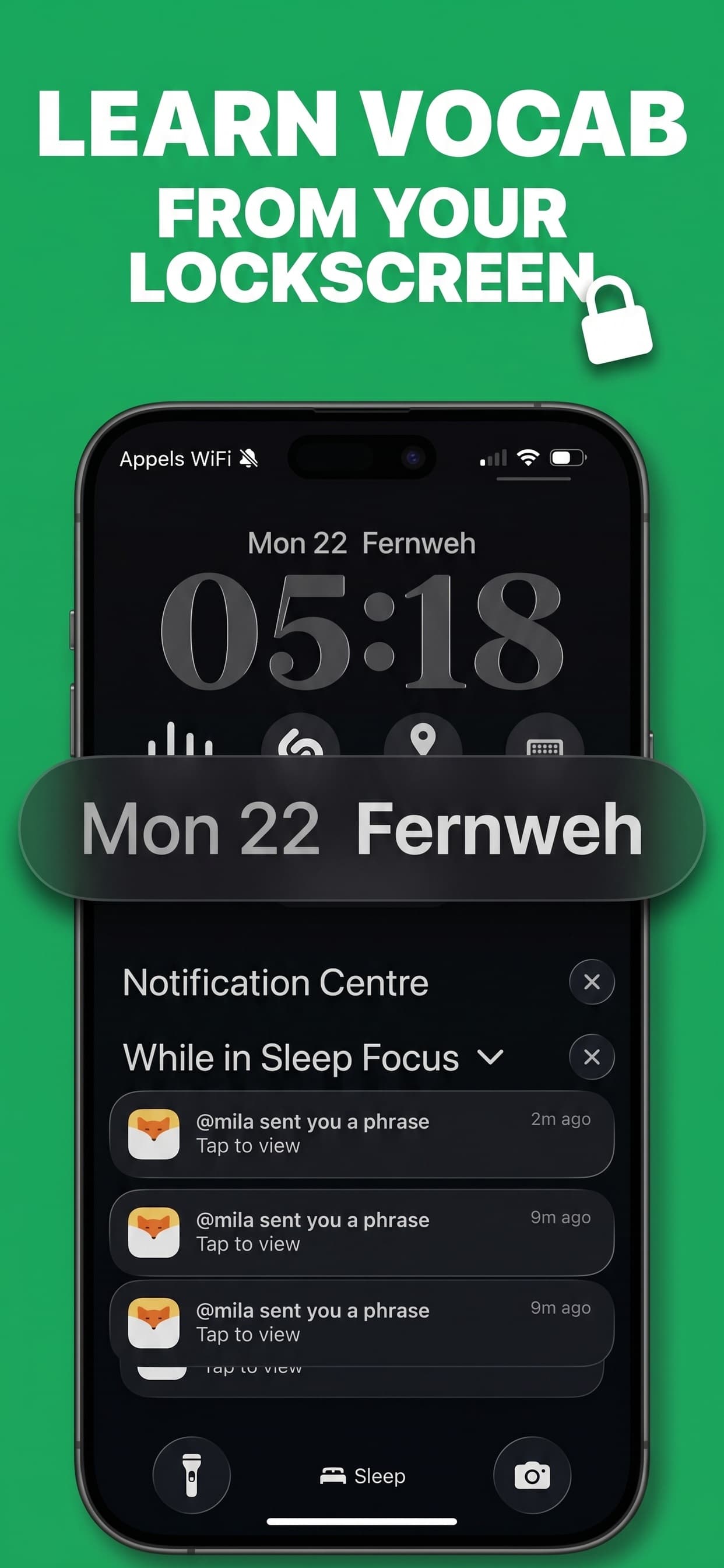 Phraser vocabulary widget on the iPhone lockscreen