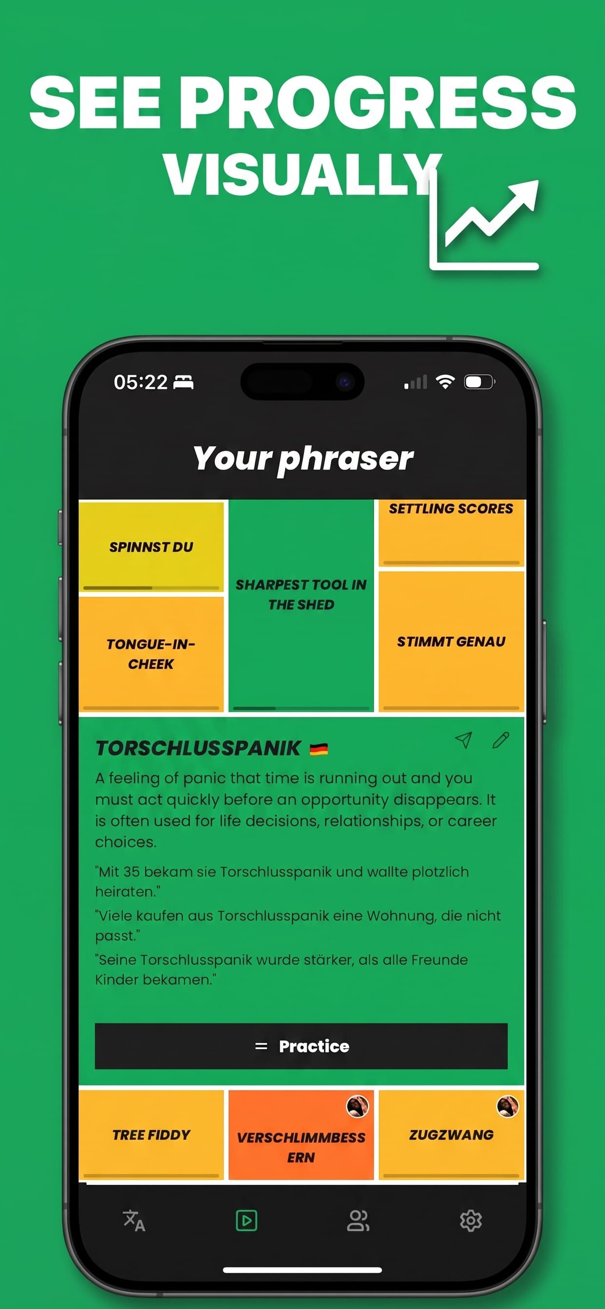 Phraser treemap showing mastered green phrases